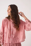 Embroidered Kimono Sleeve	Buttoned	Blouse - Pink Alvorada