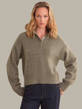 Boxy Snap Front Henley - Mushroom Melange