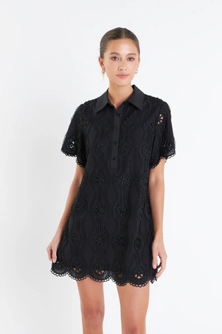 Scallop Emb Cotton Mini Shirt Dress