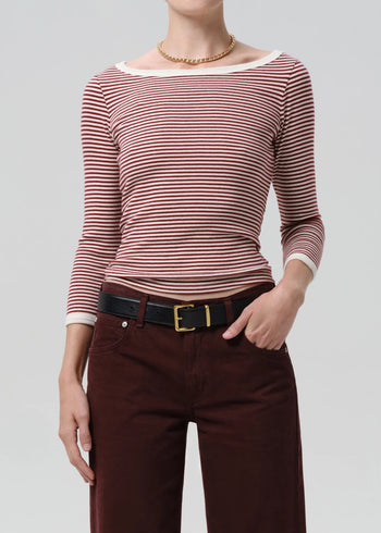 Boat Neck Slim Tee - Burgundy and Creme Stripe