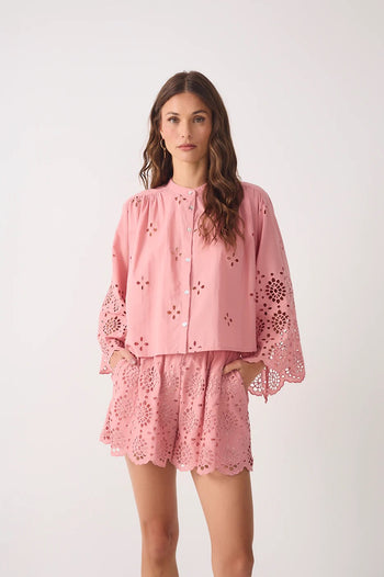 Embroidered Kimono Sleeve	Buttoned	Blouse - Pink Alvorada