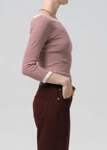 Boat Neck Slim Tee - Burgundy and Creme Stripe