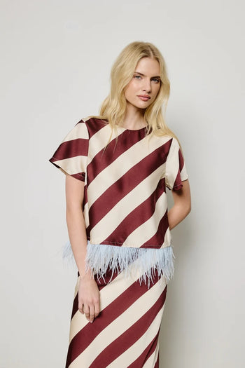 Striped Feather-Trimmed Top - Brown Multi