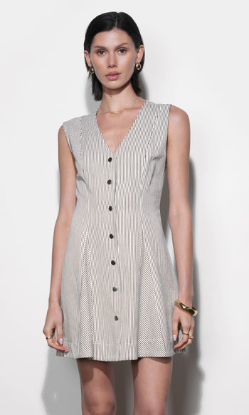 Zora Canvas Stripe Buttton Drown Mini Dress - Ivory/Black