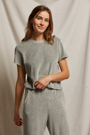 Clara - Velour Crew Neck Tee - Heather Grey