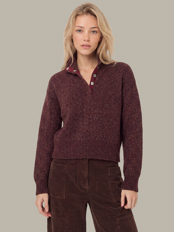Boxy Snap Front Henley - Italian Plum Melange