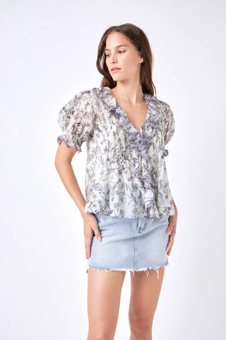 Ruffle Top Abstract Floral - White Multi