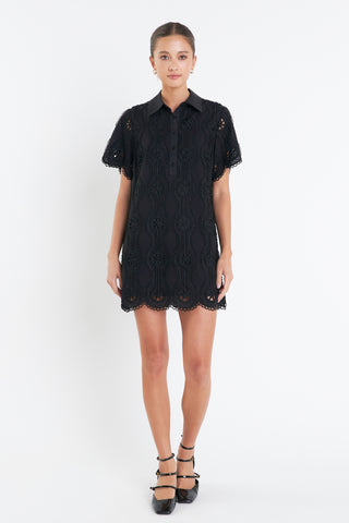 Scallop Emb Cotton Mini Shirt Dress