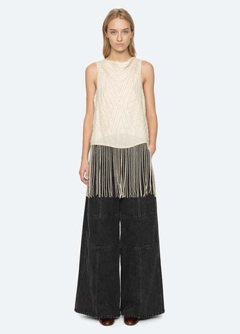 Carlotta Embroidered Sleeveless Fringe Top - Cream
