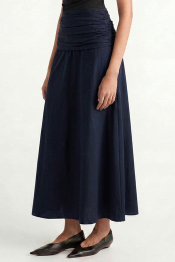 Cove Shirred-Waist Cotton Skirt - Navy