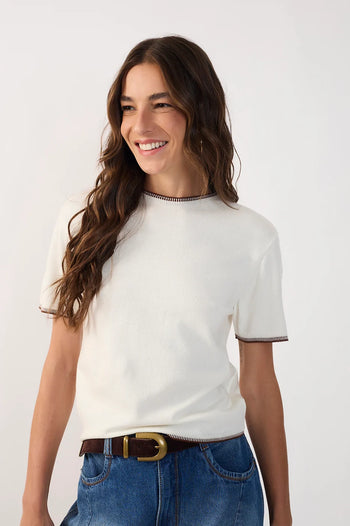 Embroidered Neck Short Sleeve Tricot Blouse - Off White
