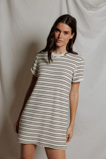 Nella Loop Terry Short Sleeve Dress - Natural/Chocolate Stripe