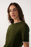Embroidered Neck Short Sleeve Tricot Blouse - Green