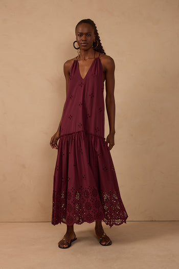 Cut-out Neck Ties Maxi Dress - Wine Outono