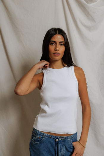 Daphne Structured Rib High	Neck Tank - White