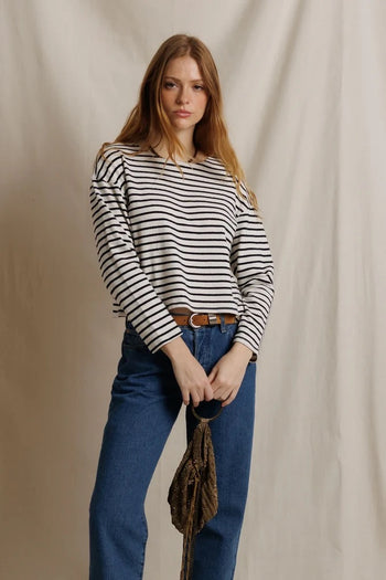 Jenna Striped Boatneck Long Sleeve - Natural/Black Stripe