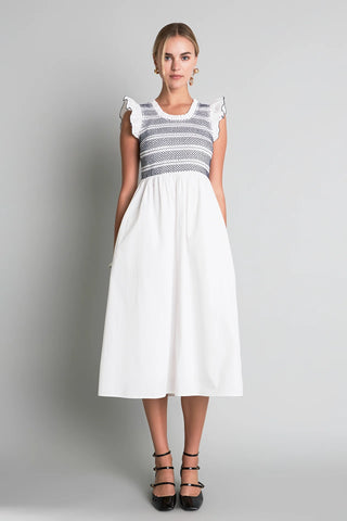 Smocked Midi Dress - White/Navy