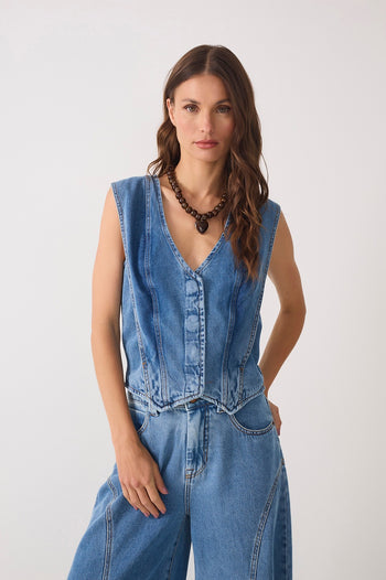 V Neck Buttoned Sleeveless Vest - Denim