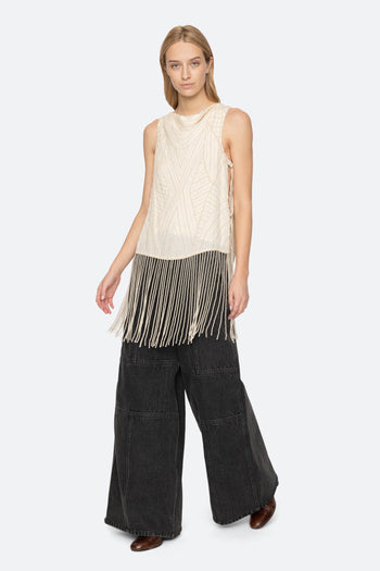 Carlotta Embroidered Sleeveless Fringe Top - Cream