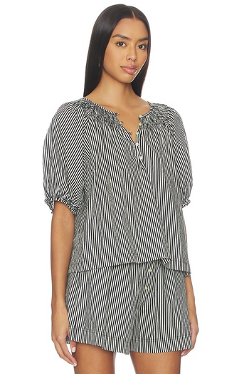 Smocked Sleep Top - Black/Cream Crew Stripe