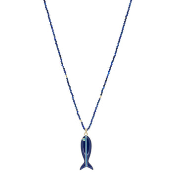 Lapis Beaded Necklace with Enamel Fish Pendant