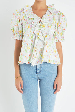 Ruffle Top Abstract Floral - White Multi