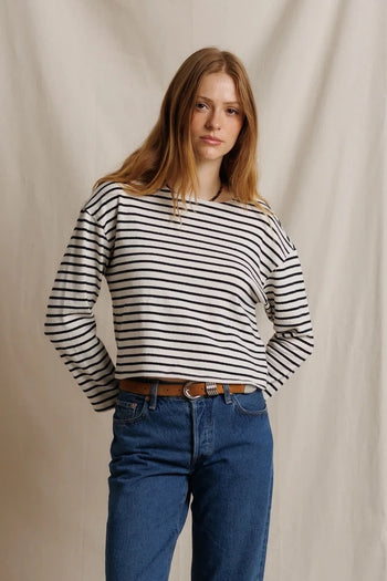 Jenna Striped Boatneck Long Sleeve - Natural/Black Stripe