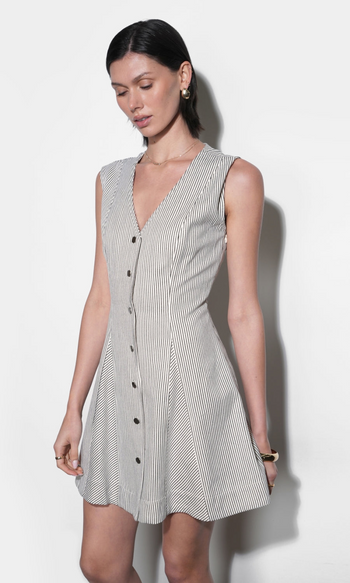 Zora Canvas Stripe Buttton Drown Mini Dress - Ivory/Black