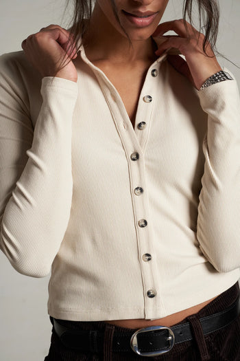 Amee - Luxe Rib Long Sleeve Polo - Sugar