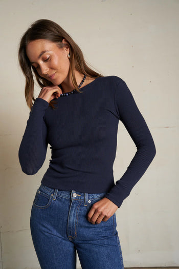 Jolie - Sweater Rib Long Sleeve Crewneck - Navy
