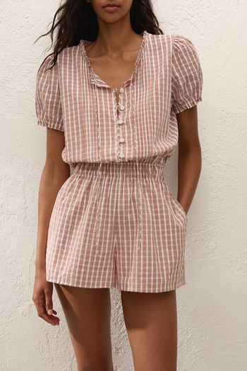 Emilie Playsuit - Paloma Check Cinnamon White