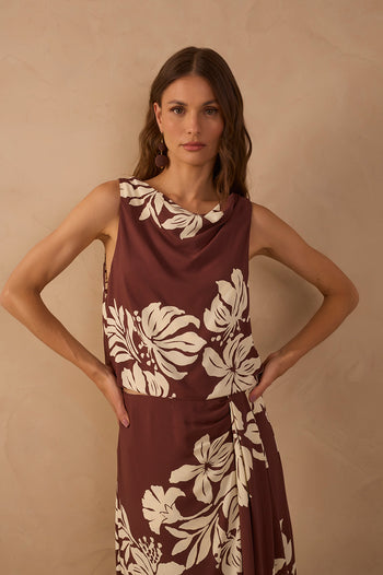 Draped Neck Back	Ties	Sleeveless Blouse - Brown Bela Flor
