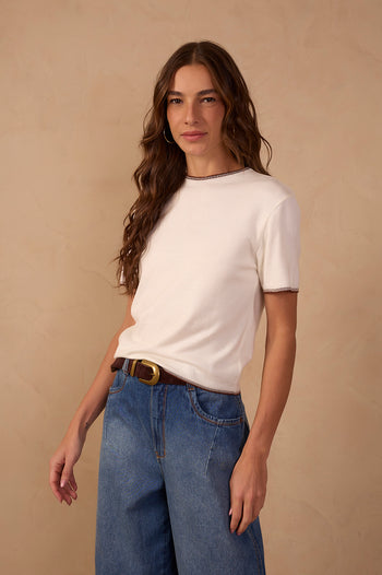 Embroidered Neck Short Sleeve Tricot Blouse - Off White
