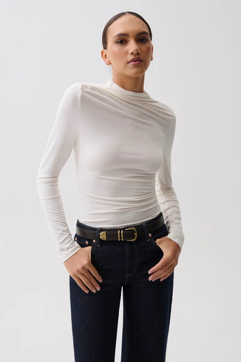 Nathalia Long Sleeve Draped Mock Neck - Soft White