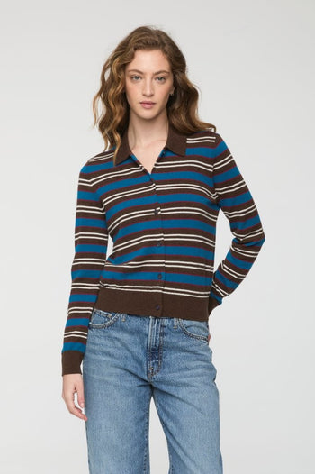 Lyvia L/S Merino Polo Cardigan - Tealwood Stripe