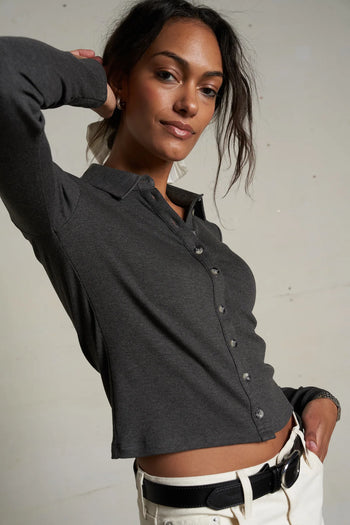 Amee - Luxe Rib Long Sleeve Polo - Charcoal