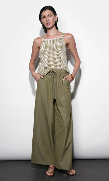 Paisley Wide Leg Pull On Pant - Olive