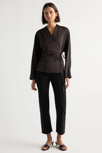 Maye Sculpted Satin Tie-Wrap Blouse - Brown