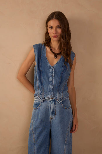 V Neck Buttoned Sleeveless Vest - Denim