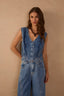 V Neck Buttoned Sleeveless Vest - Denim