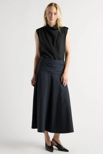 Cove Shirred-Waist Cotton Skirt - Navy