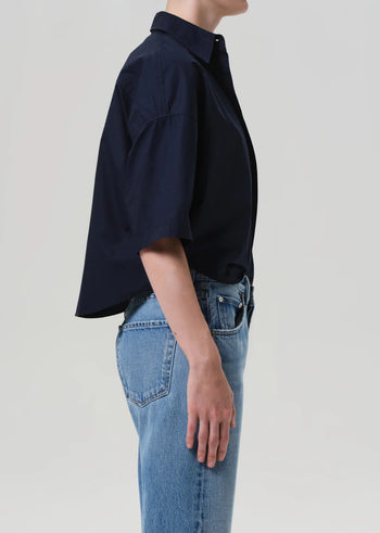 Frances Cropped Cape Button Up - Navy