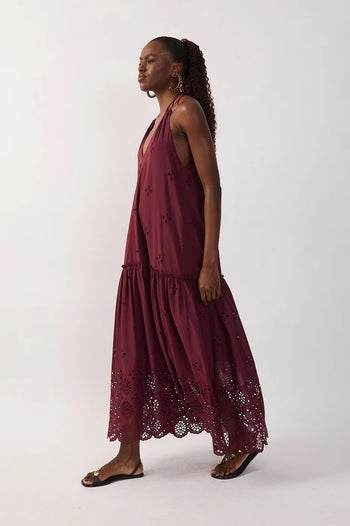 Cut-out Neck Ties Maxi Dress - Wine Outono