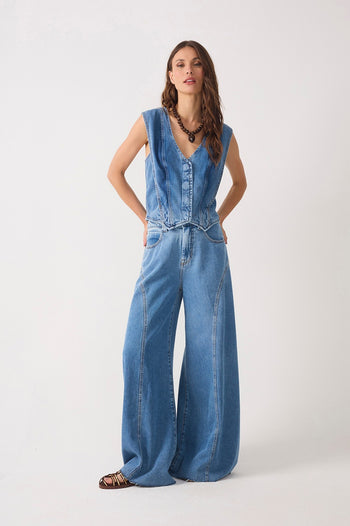 Pockets Belt Loops Flared Pants - Denim