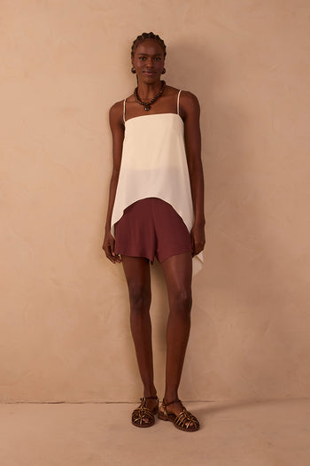 Square Neck Adjustable Straps Overlay Romper - Off-white Nevoa