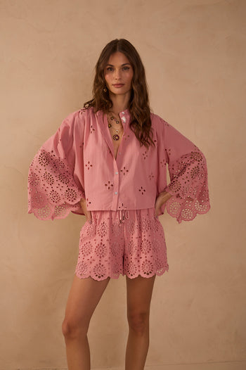 Embroidered Kimono Sleeve	Buttoned	Blouse - Pink Alvorada