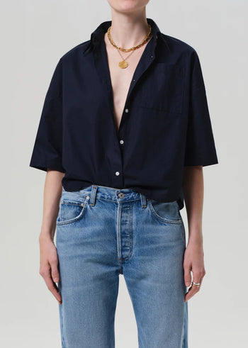 Frances Cropped Cape Button Up - Navy