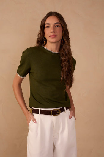 Embroidered Neck Short Sleeve Tricot Blouse - Green