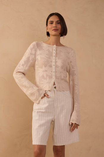 Floral Crew Neck Buttoned Tricot Jacquard Cardigan - Off-white Nevoa