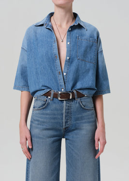Frances Cropped Cape Button Up - Skyland
